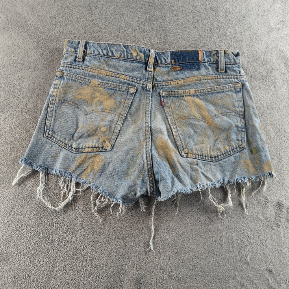 Vintage 90s Levis Jean Shorts 38 (Fits 34) Blue Paint Splatter Cut Off Made USA - Picture 2 of 8